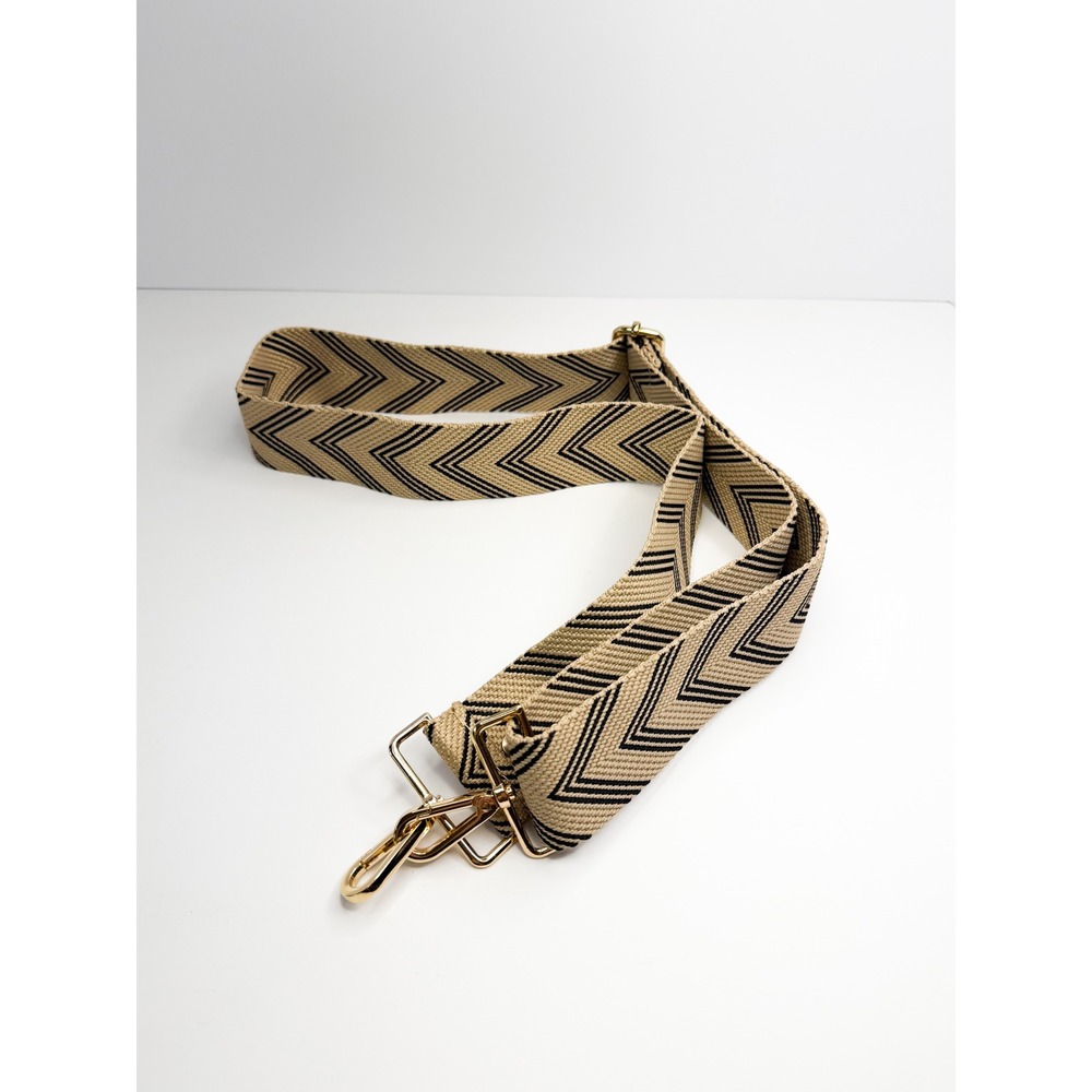 Pom Pom London Tan Black Chevron Woven Guitar Handbag Strap Gold Hardware Boho